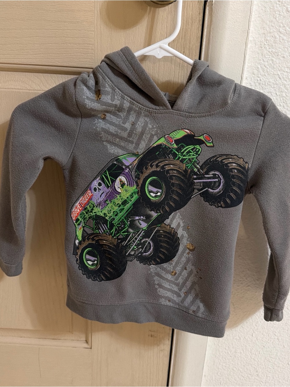 Gray Hoodie with Green Monster Truck Graphic for Kids